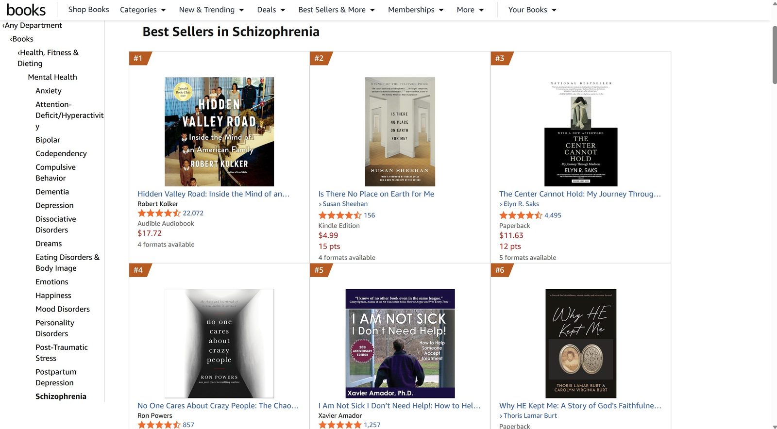Amazon Best Sellers in Schizophrenia list showing Why HE Kept Me by Thoris Lamar Burt and Carolyn Virginia Burt at number 6, on the same list as Hidden Valley Road at number 1 and Susan Sheehan's Pulitzer Prize winner at number 2