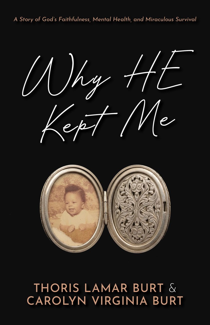 Why HE Kept Me book cover featuring a vintage baby photo in a locket
